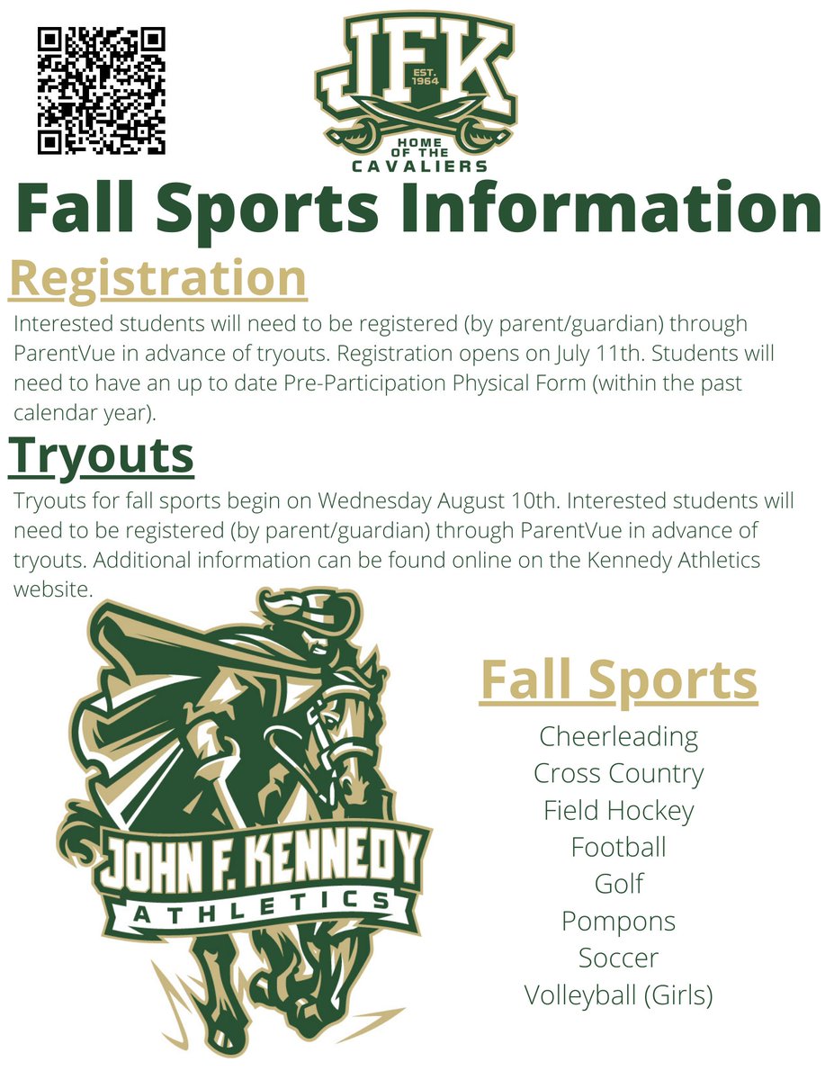Fall Sport Info! Registration opens Monday July 11 @ noon. More info posted on our website. 
@KennedyMCPSPrin <a href="/jfk_counseling/">JFK Counseling</a>  
<a href="/JFKAcademies/">JFK Academies</a> <a href="/jfkcav/">KCTV Kennedy High School</a> <a href="/VolleyballJfk/">JFK_Volleyball</a>   
<a href="/KDYFOOTBALL/">#Jfkfootball</a> <a href="/JFKSoccerMD/">John F Kennedy Soccer</a> <a href="/kdyfieldhockey/">JFK Field Hockey</a>
<a href="/JFKPOMS/">Kennedy Poms</a> <a href="/KennedyHS_PTSA/">John F. Kennedy High School PTSA</a>