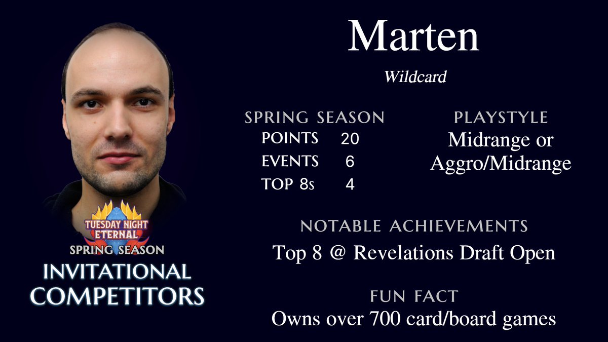 Last but not least, it's...

Prolific gamer Marten might have had his best Open finish in Draft, but has demonstrably proven that precise technical play translates across formats. Having yet to see a final this season, what will he bring to seal the deal this Invitational?