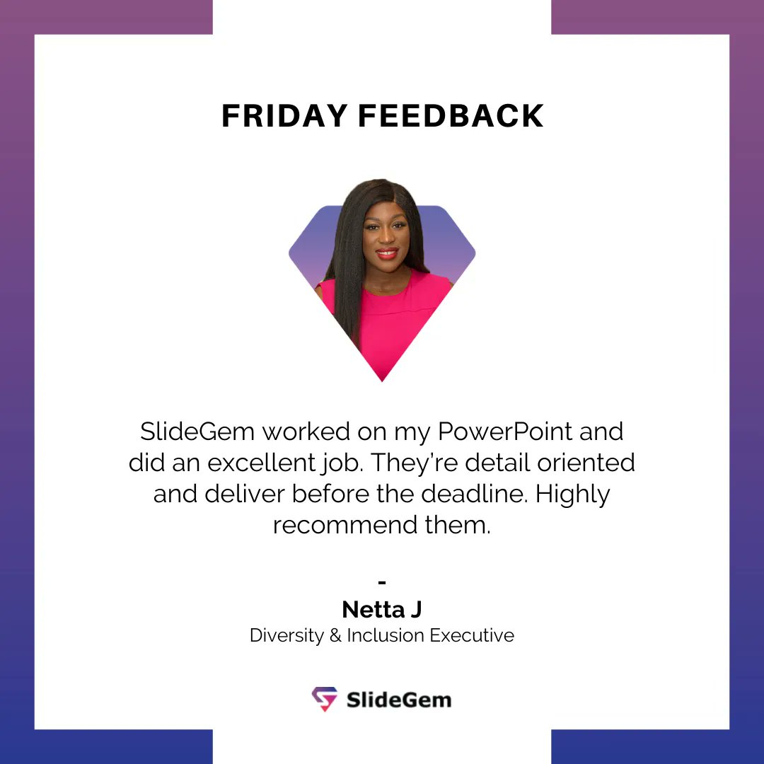 SlideGem's tweet image. See what people say about us!
Website: buff.ly/3N7jIFv
Email: Hi@slidegem.com
WhatsApp: +923096302626

#FridayFeedback #SlideDesigner #ProPresentationDesigner
#testimonial #Powerpoint #designthinking #visualdesign