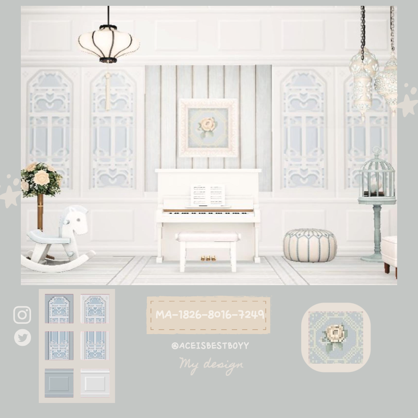 aceisbestboyy's tweet photo. Ornate wall designs in white and baby blue ☺️ MA-1826-8016-7249 #AnimalCrossing #ACNH #ACNHDesigns #acnhinspo #あつ森  #マイデザイン配布  #マイデザイン  #HappyHomeParadise #NintendoSwitch #AnimalCrossingNewHorizions #ACNHDesign https://t.co/4Kne73z8hP