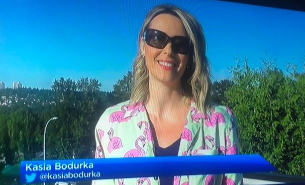 PaulHaysom's tweet photo. It seems that Fridays = Flamingos in the @GlobalBC Weather Department 🦩 So who wore it best on the roof - @MMadryga or @KasiaBodurka? #FlockStars https://t.co/U2eSHnqtDY
