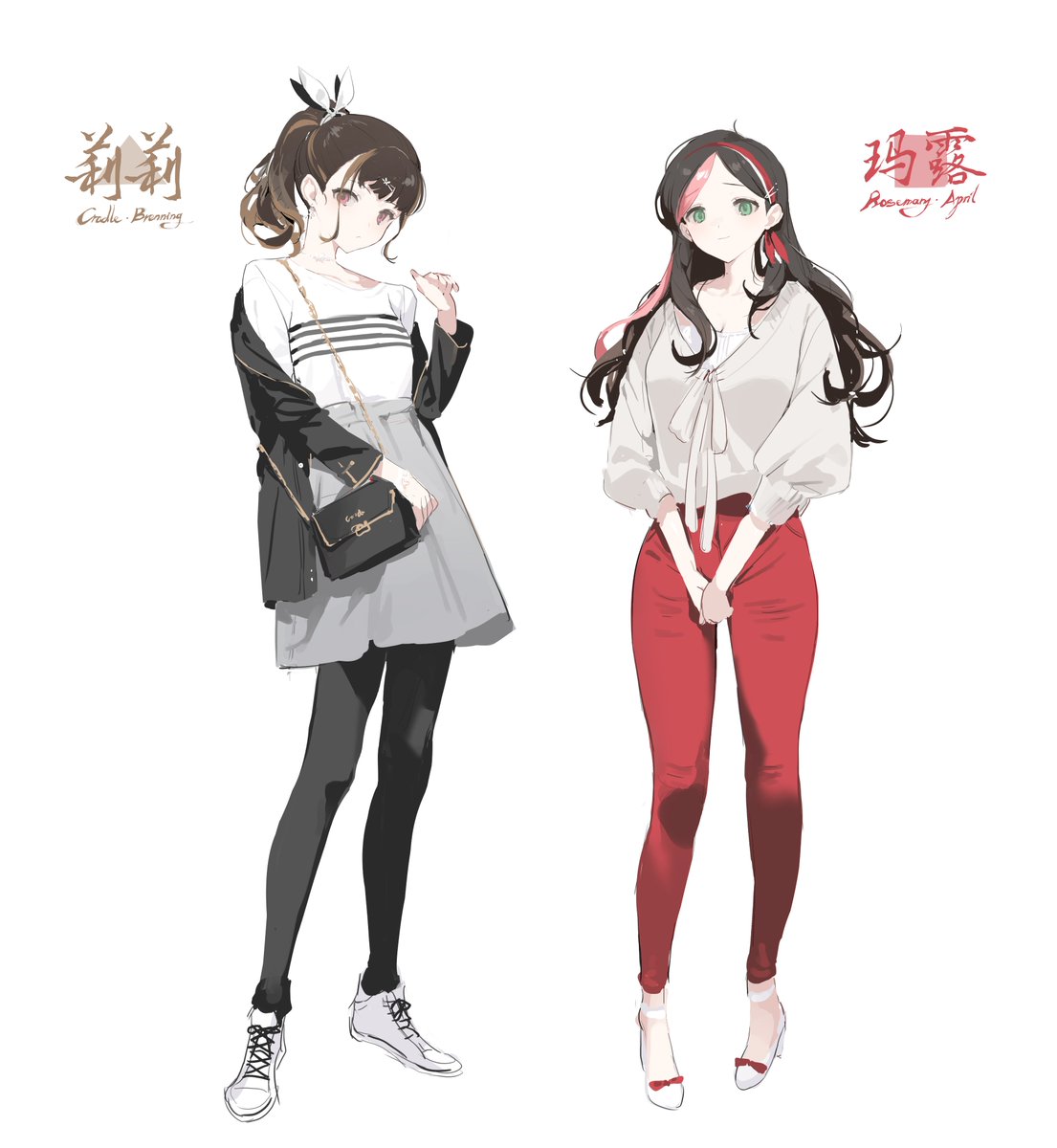 multiple girls 2girls skirt pants white footwear shirt brown hair  illustration images