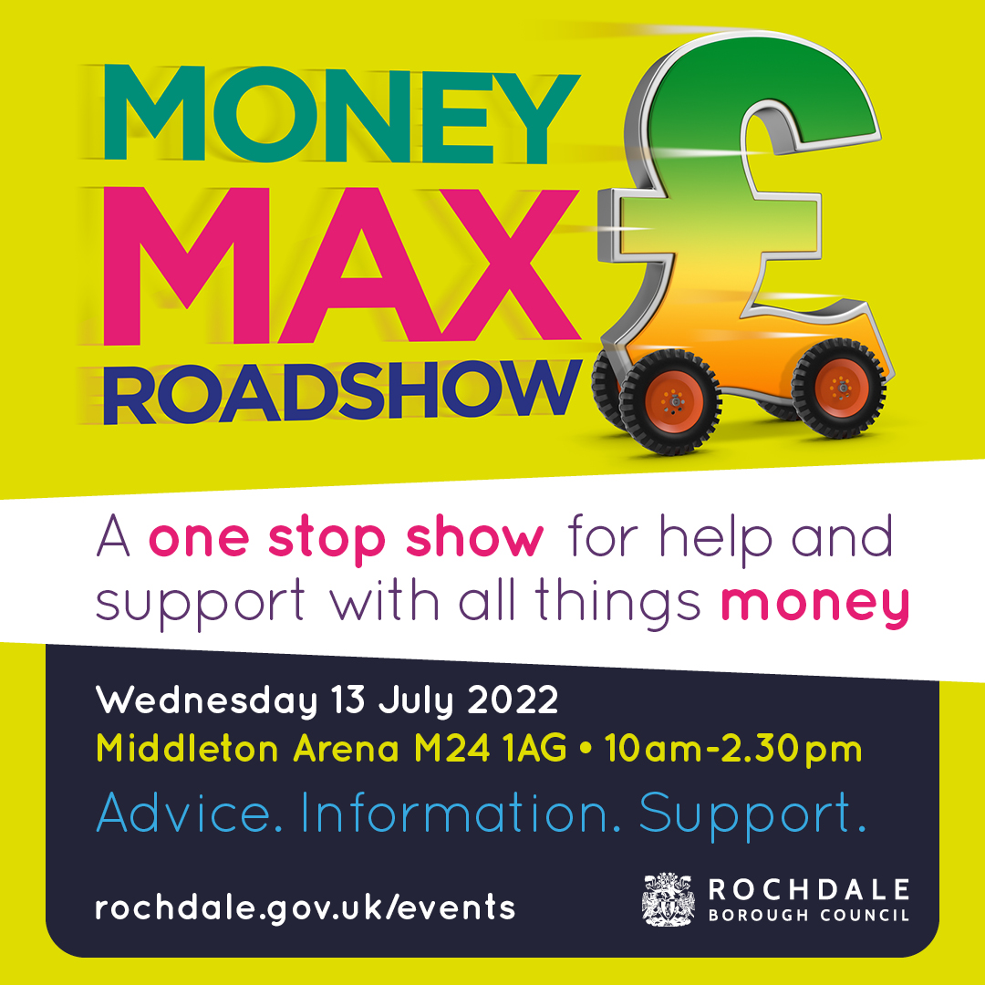 RochdaleCouncil's tweet photo. 📢Our Money Max Roadshow is coming to town 👌
We are hosting a one stop shop 
@Middleton_Arena on Wednesday 13 July, for help and support with all things money
✅Advice
✅Information
✅Support
✅Stalls
✅10am-2.30pm
Check out the details 👉https://t.co/nYqulg6QpH https://t.co/CqesnHyGZb