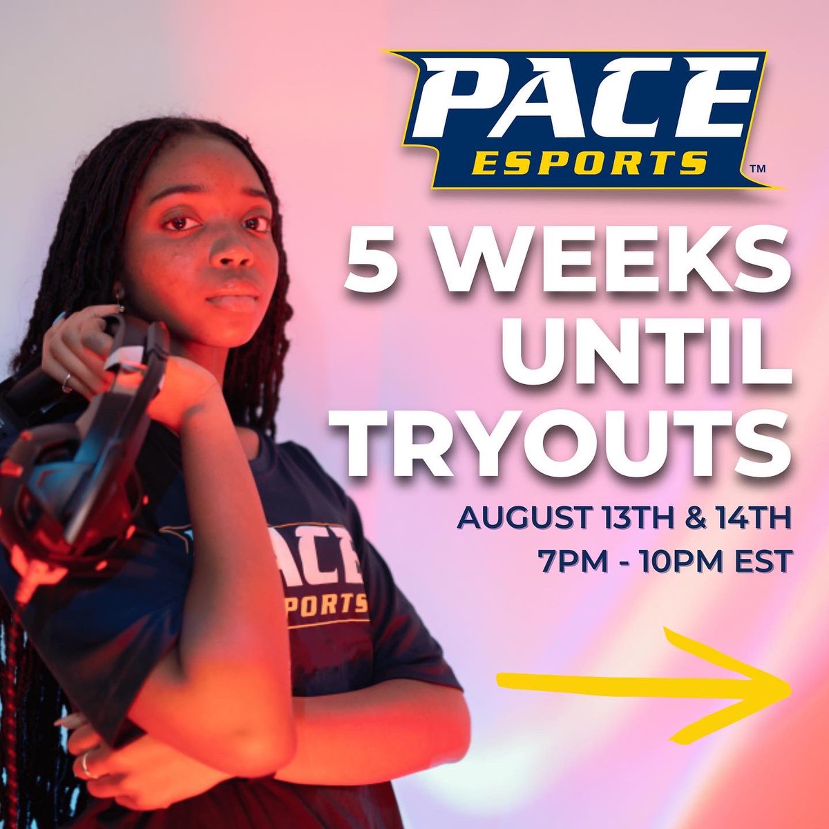 PaceUEsports's tweet photo. We are about 5️⃣ weeks from our no cuts ❌, online 💻 tryouts! 

Think you have what it takes? 

➡️SWIPE➡️ for more information, or check out the Linktree in our bio! 💙💛 #SetterPride #GoPace https://t.co/GnVSJGfVl7