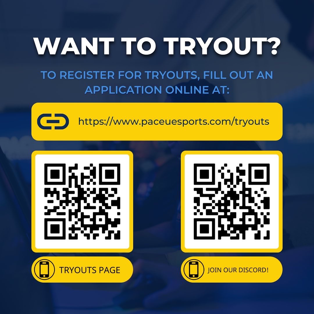 PaceUEsports's tweet photo. We are about 5️⃣ weeks from our no cuts ❌, online 💻 tryouts! 

Think you have what it takes? 

➡️SWIPE➡️ for more information, or check out the Linktree in our bio! 💙💛 #SetterPride #GoPace https://t.co/GnVSJGfVl7