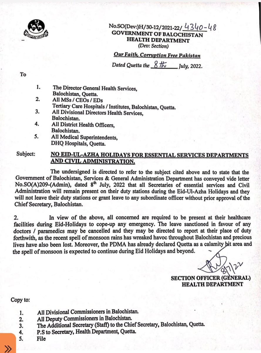 Health Department, GoB (@healthdepartme5) on Twitter photo محکمہ صحت بلوچستان نے مون سون بارشوں کے پیشں نظر صوبے کے تمام ہسپتالوں میں ایمرجنسی نافذ کرکے متعلقہ طبی عملے کو ڈیوٹی پر حاضر ہونے کے احکامات جاری کردیے
مزید برآں جن ڈاکٹرز و دیگر اسٹاف نے عید کی چھٹیاں لی تھی وہ فوری طور پر منسوخ کر دی گٸی ہے
<a href="/CMOBalochistan/">Chief Minister's Office Balochistan</a>
<a href="/SyedEhsanShahPk/">Syed Ehsan Shah</a> محکمہ صحت بلوچستان نے مون سون بارشوں کے پیشں نظر صوبے کے تمام ہسپتالوں میں ایمرجنسی نافذ کرکے متعلقہ طبی عملے کو ڈیوٹی پر حاضر ہونے کے احکامات جاری کردیے
مزید برآں جن ڈاکٹرز و دیگر اسٹاف نے عید کی چھٹیاں لی تھی وہ فوری طور پر منسوخ کر دی گٸی ہے
<a href="/CMOBalochistan/">Chief Minister's Office Balochistan</a>
<a href="/SyedEhsanShahPk/">Syed Ehsan Shah</a>