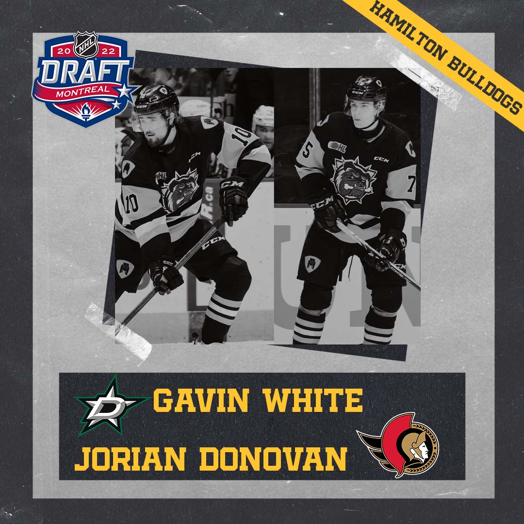 BulldogsOHL's tweet image. The Hamilton Bulldogs are incredibly proud to see Gavin White (@DallasStars) &amp;amp; Jorian Donovan (@Senators) both selected in the 2022 #NHLDraft! 

hamiltonbulldogs.com/article/white-…

#HamOnt #NHL #OHL #DawgMentality #BeTheHammer