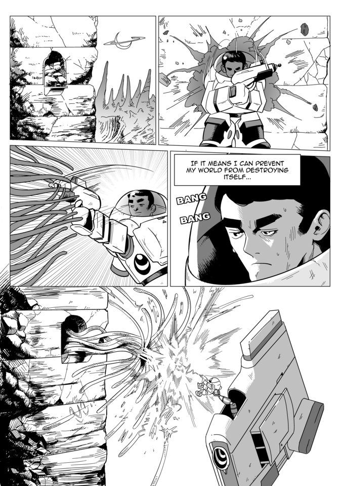 ProjectHelios3's tweet photo. When @N1ght_Strider pitched this idea, a grin came on my face. This would be the hero moment to define the cold, professionalism of Rimor the space explorer.  #Indiecomics #comics #scifi #projecthelios #webcomic #mangastyle #makecomics #illustration #artistsontwitter https://t.co/yZPomLzq2y