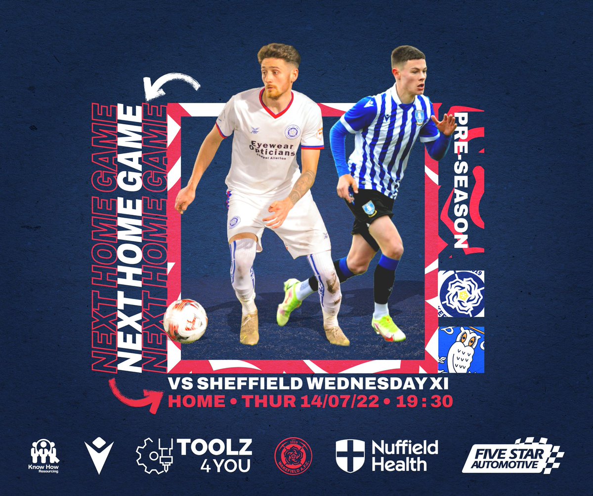 Wakefield_AFC's tweet photo. 📆 Next Up 📆

🆚 @swfc XI
📆 Thursday 14th July 
⚽ 7.30pm Kick Off
🏆 Pre Season Friendly
📍 WF7 5EN
🎟️ £6 adult/£3 concession/u12s free
Online tickets👇 https://t.co/S5yaY6kNqp
❤️🤍💙 https://t.co/sX6AqxEHIt