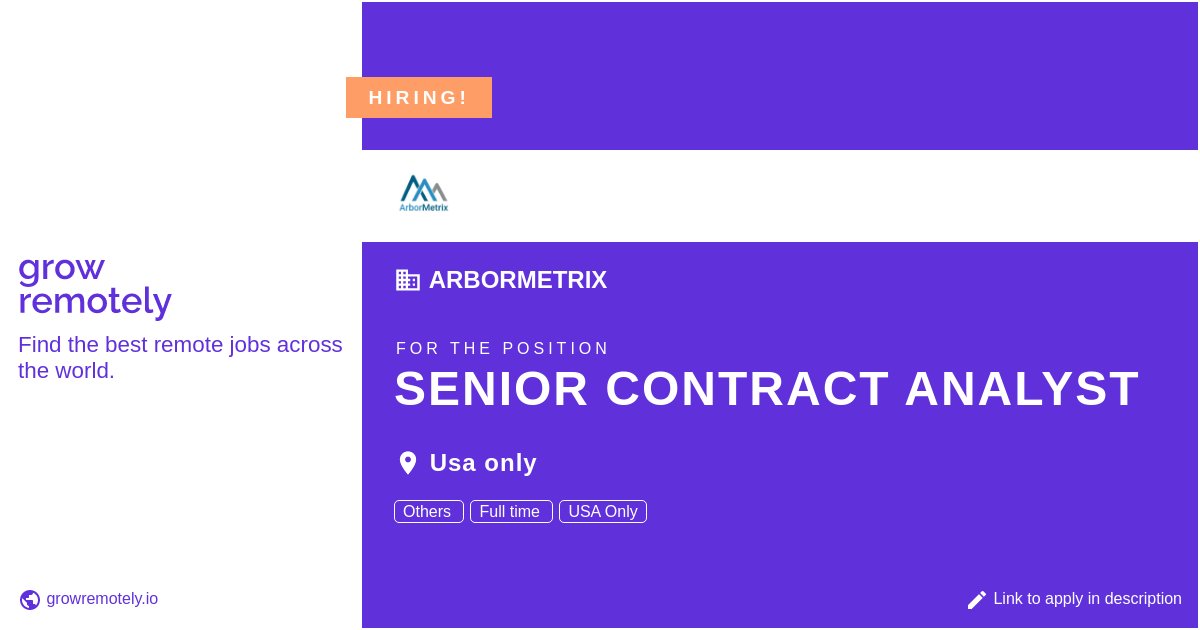 growremotelyio's tweet image. Check out this job at ArborMetrix for the position Senior Contract Analyst.

 Apply link: growremotely.io/?id=62c775e58d…

#hiring #remotejobs #ArborMetrix #Others