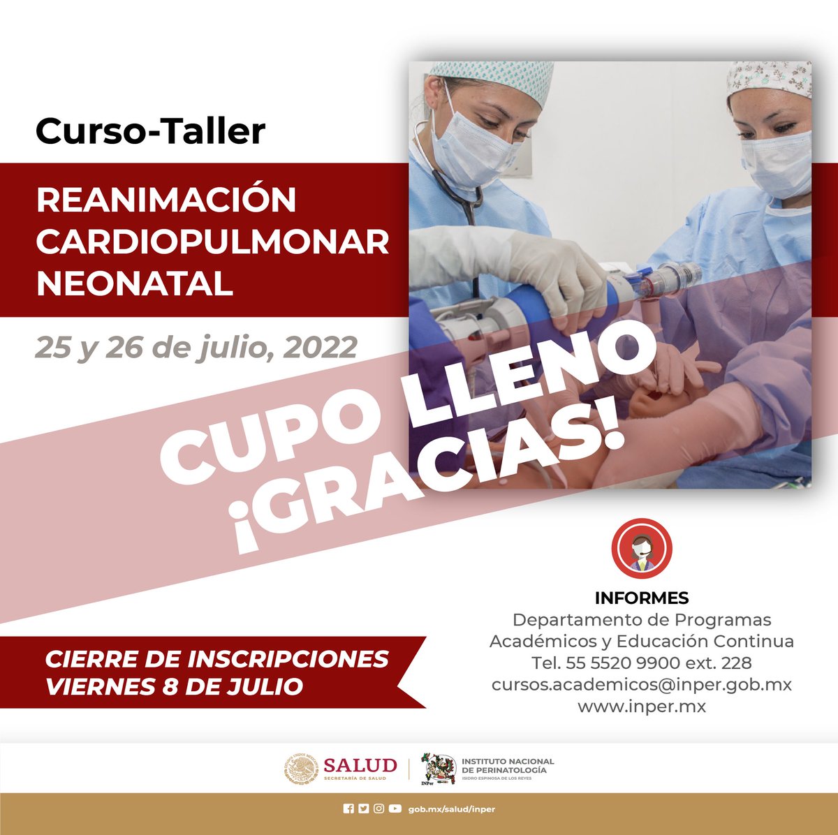 INPer_mx's tweet photo. CUPO LLENO ¡GRACIAS!
Sigue pendiente de nuestros próximos cursos
Curso-Taller
REANIMACIÓN CARDIOPULMONAR NEONATAL
#rcp #reanimacióncardiopulmonar #rcpneonatal #ReanimaciónNeonatal https://t.co/CsqPD8a1km
