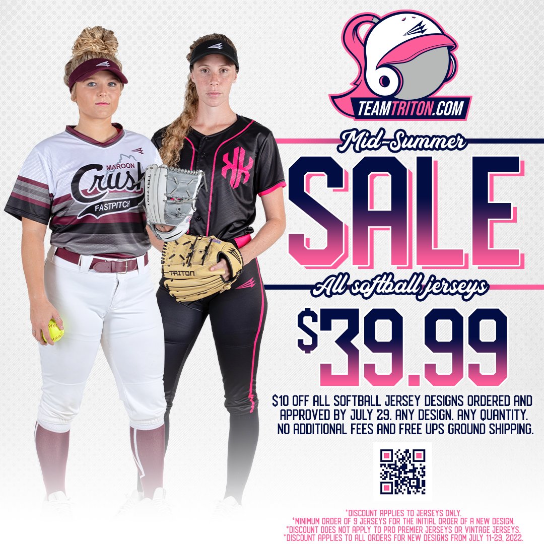 CustomSoftball's tweet photo. It’s our biggest sale of the year! Enjoy our flat-rate, all-inclusive pricing of $39.99 per jersey which is usually reserved for large organizations! But act fast, this sale ends July 29.

#teamtriton #customsoftballjerseys #softballjerseys #softballuniforms https://t.co/fn6LKC9hTf