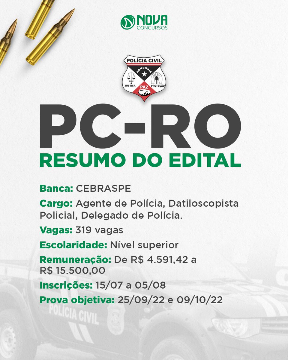 nova_concursos's tweet photo. O edital para a PC-RO foi oficialmente publicado! 🚀

E nós preparamos um resumo do edital com informações que você não pode deixar passar.

.
.
#novaconcursos #concursopolicial #carreirapolicial #editalpcro #concursopcro https://t.co/XMCJQO6kyq