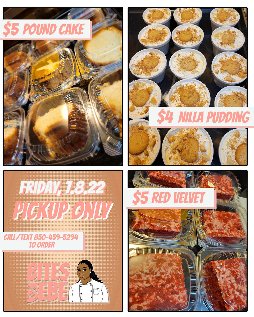 bebestarrtv's tweet photo. ‼️ATTENTION TALLAHASSEE ‼️
 TODAY 7.8.22
$5 POUND CAKE 
$5 RED VELVET 
$4 NILLA PUDDING CUPS
PICKUP ONLY 

#BitesByBebe #PrettyKitchen #PoundCake #RedVelvetCake #Cake #NillaPudding #NillaWafers #PrivateChef #PersonalChef #PastryChef #Dessert https://t.co/ZKshe6RkGV
