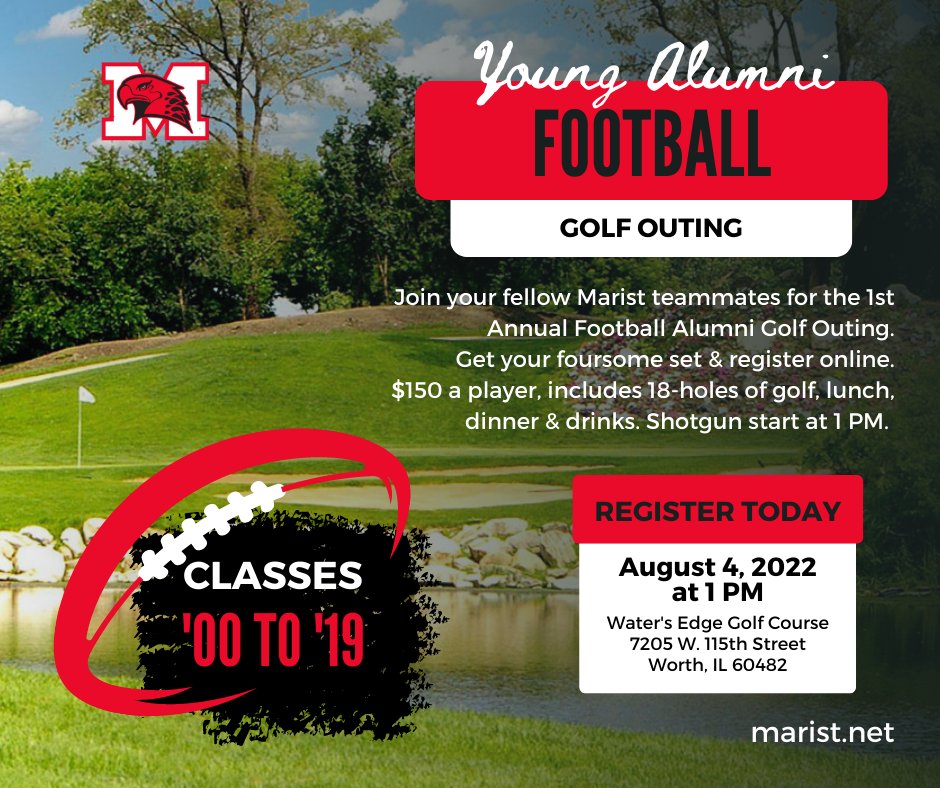 MaristChicago's tweet photo. Attn: Marist Football Alums, we're inviting you to our Young Alumni Football Golf Outing on 8.4.22. Register as an individual or w/ as many players as you have in a foursome. For more info & to register, click on the following link - https://t.co/3SPjJqxii8 #RedHawkFootball https://t.co/QZgRPMAIcM
