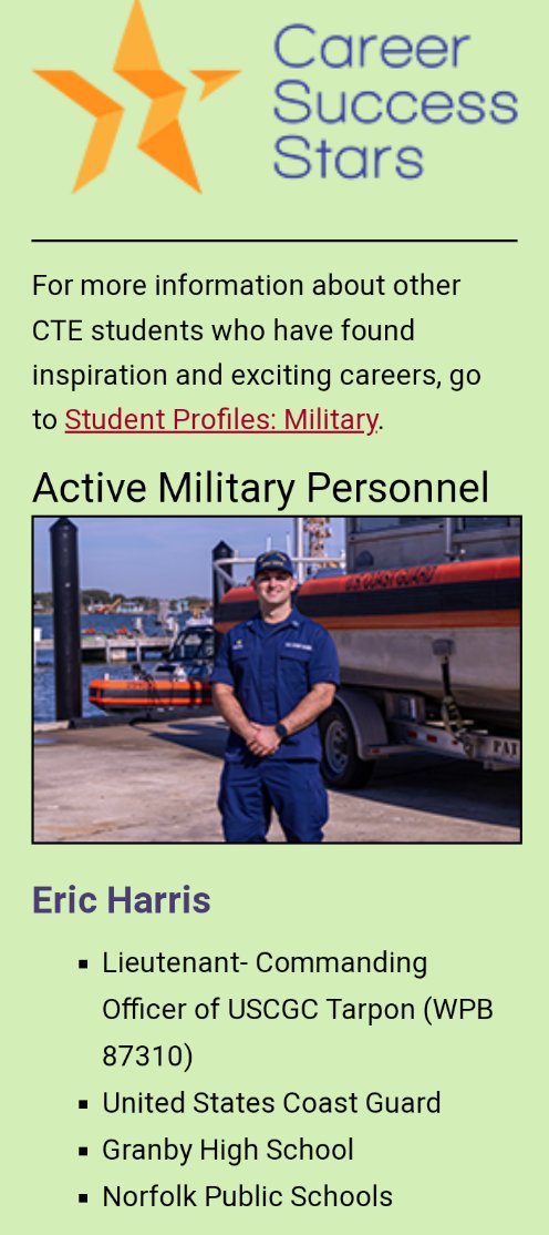iamNPSCTE's tweet photo. Our @NPSchools CTE alumni continue to do great things! Learn all about what Eric Harris, Granby HS alum does in the US Coast Guard and how his CTE courses made a world of difference for him. #iamNPSCTE
https://t.co/ttjjkEa3MP https://t.co/bwzwgldkEr