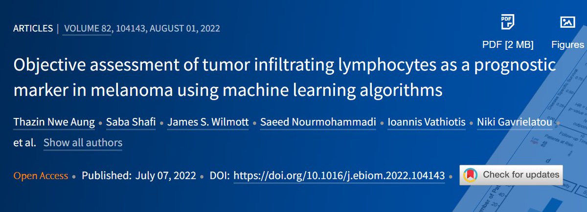 eBioMedicine – The Lancet Discovery Science (@ebiomedicine) on Twitter photo NEW Article from <a href="/tznaung/">Thazin Nwe Aung, PhD</a> @RimmPathology <a href="/YaleMed/">Yale School of Medicine</a> @YalePathology <a href="/MelanomaAus/">Melanoma Institute Australia</a> <a href="/nyulangone/">NYU Langone Health</a>
Objective assessment of automated TIL score (eTIL%) as a prognostic factor using a machine learning algorithm in melanoma patients from a series of international cohorts. NEW Article from <a href="/tznaung/">Thazin Nwe Aung, PhD</a> @RimmPathology <a href="/YaleMed/">Yale School of Medicine</a> @YalePathology <a href="/MelanomaAus/">Melanoma Institute Australia</a> <a href="/nyulangone/">NYU Langone Health</a>
Objective assessment of automated TIL score (eTIL%) as a prognostic factor using a machine learning algorithm in melanoma patients from a series of international cohorts.