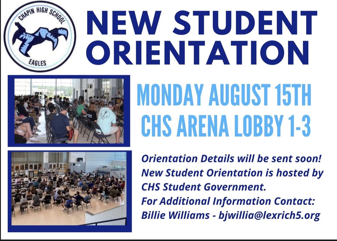 Chapin High School (@chapinhigh) on Twitter photo New to Chapin High School? Come to our new student orientation as we welcome you to the Eagle Family! 🦅 #weaRechapin <a href="/ChapinHighPTSO/">Chapin High PTSO</a> New to Chapin High School? Come to our new student orientation as we welcome you to the Eagle Family! 🦅 #weaRechapin <a href="/ChapinHighPTSO/">Chapin High PTSO</a>