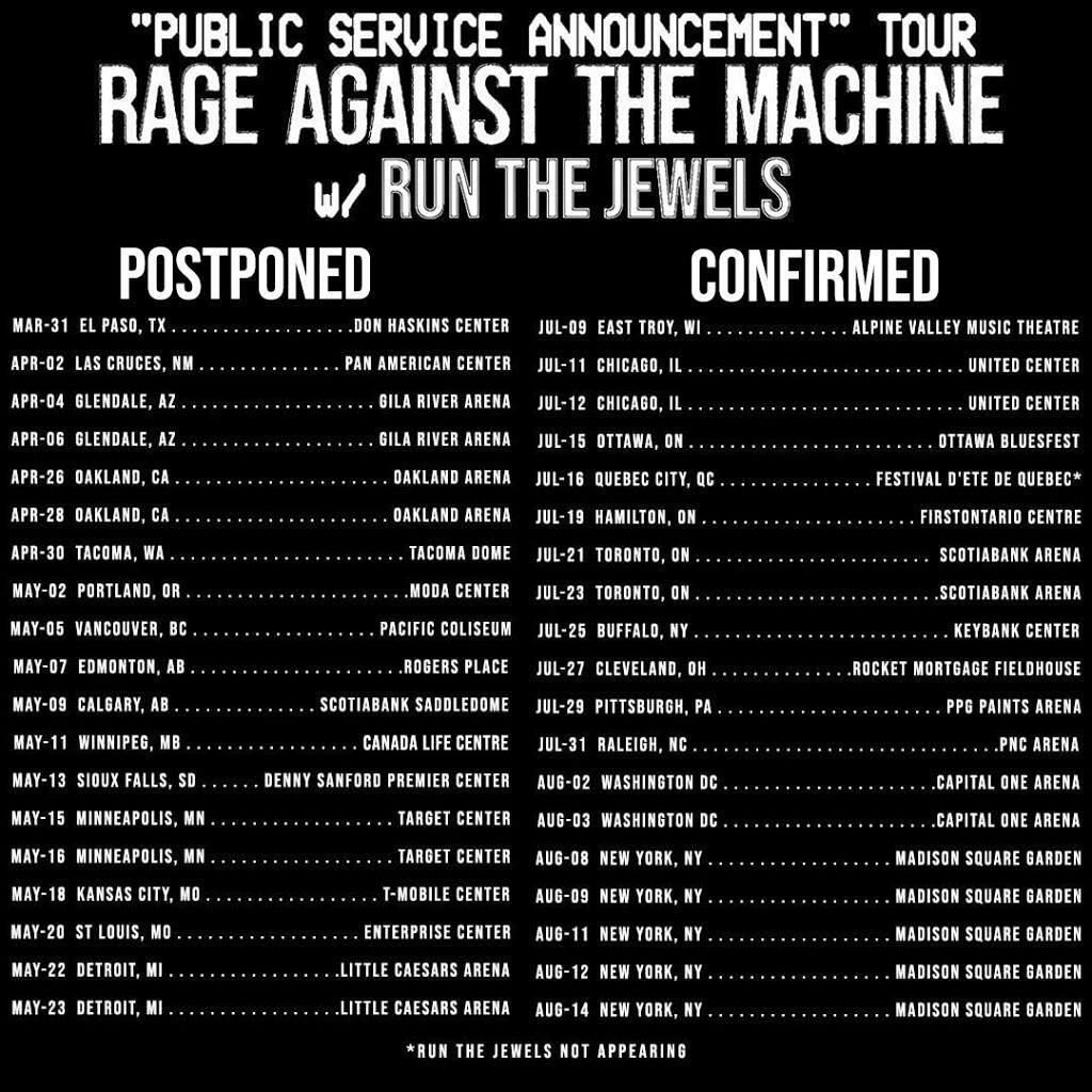 Guys it’s finally happening. After FOUR god damn mother fucking postponements, this shit finally kicks off tomorrow in East Troy WI. #RATM #RTJ instagr.am/p/Cfw6thxJGPx/