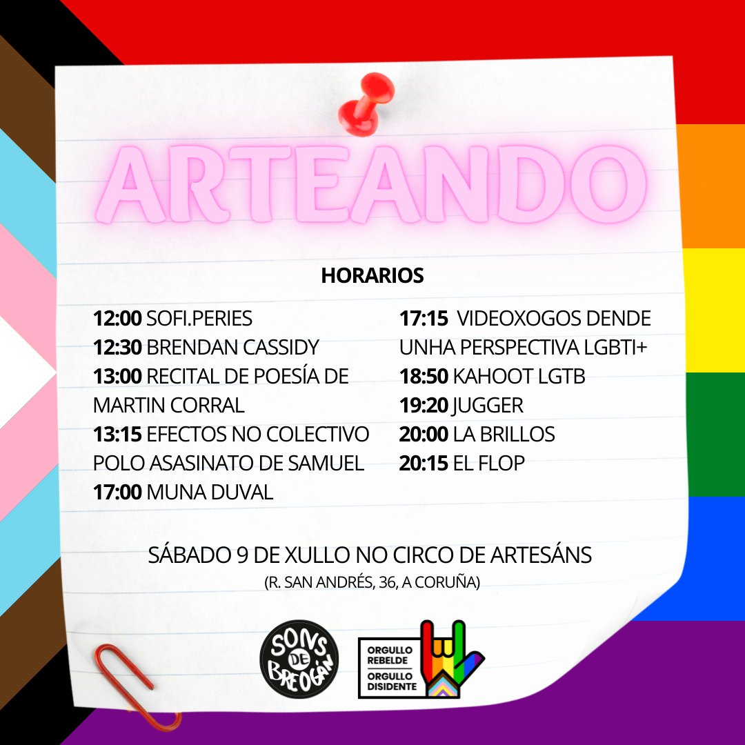 OCorunha's tweet photo. POR FIN! XA ESTÁ! XA O TEMOS! 
Por fin vos mostramos a programación que nos espera mañá nas xornadas LGBT

Xa vedes que temos varias actividades e actuacións, máis tampouco vos podedes perder os postos de artesanía.

QUE VIVA O ORGULLO REBELDE E DISIDENTE! https://t.co/HVnP0hoqRz