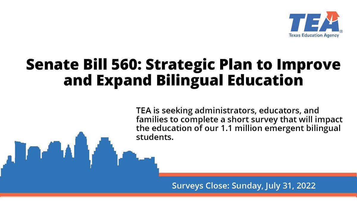 teainfo's tweet photo. TEA’s English Learner Support Division is seeking your valuable input for developing the Emergent Bilingual Strategic Plan to improve outcomes for Texas’s 1.1 million emergent bilingual students. Please take a few minutes to complete one of the surveys: https://t.co/LIQEprOeXx. https://t.co/INvjWz7HfM