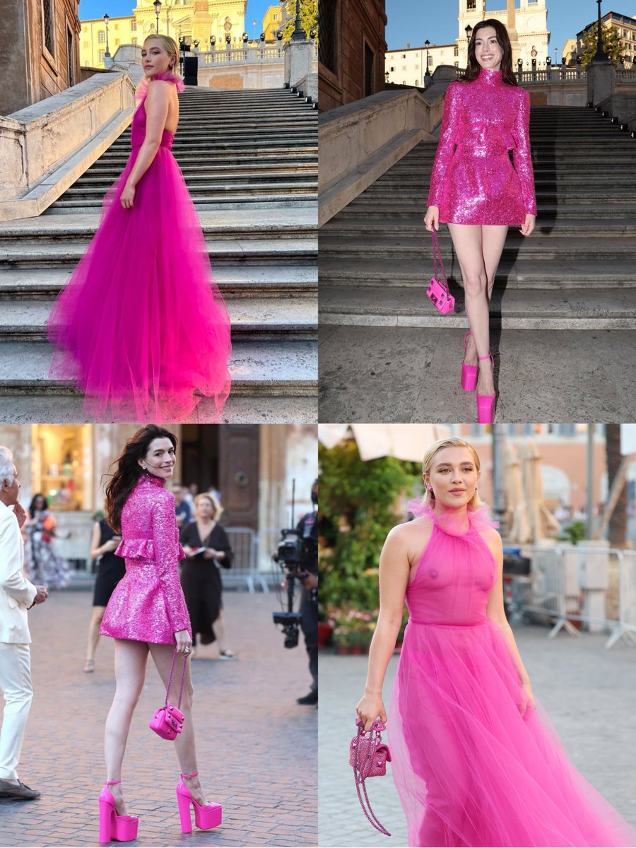 comfortflopugh's tweet photo. Florence Pugh and Anne Hathaway rocking pink at the Valentino Haute Couture show in Italy https://t.co/CyMVqHzo8T