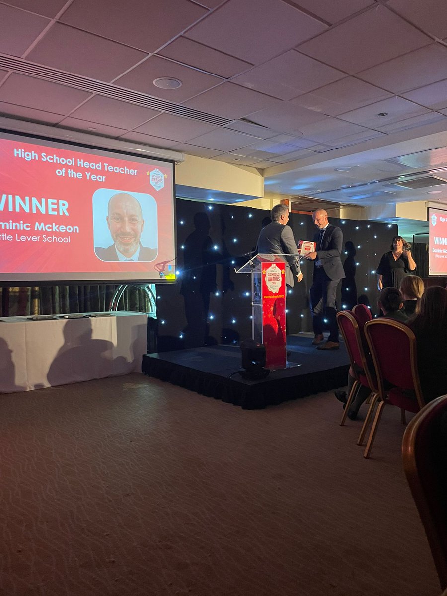 LeverSchool's tweet image. Ben Fletcher in Year 8 and Sasha Wilson in Year 10 joined Mr Mckeon at the #MENschools2022 MEN Schools Awards event in Manchester today. 
We are delighted to announce that Mr Mckeon and our school won the MEN High School Headteacher of the Year Award 👏👏👏