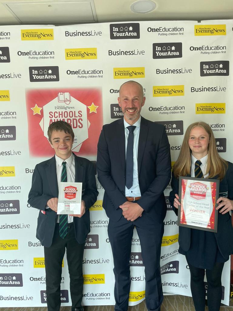 LeverSchool's tweet image. Ben Fletcher in Year 8 and Sasha Wilson in Year 10 joined Mr Mckeon at the #MENschools2022 MEN Schools Awards event in Manchester today. 
We are delighted to announce that Mr Mckeon and our school won the MEN High School Headteacher of the Year Award 👏👏👏