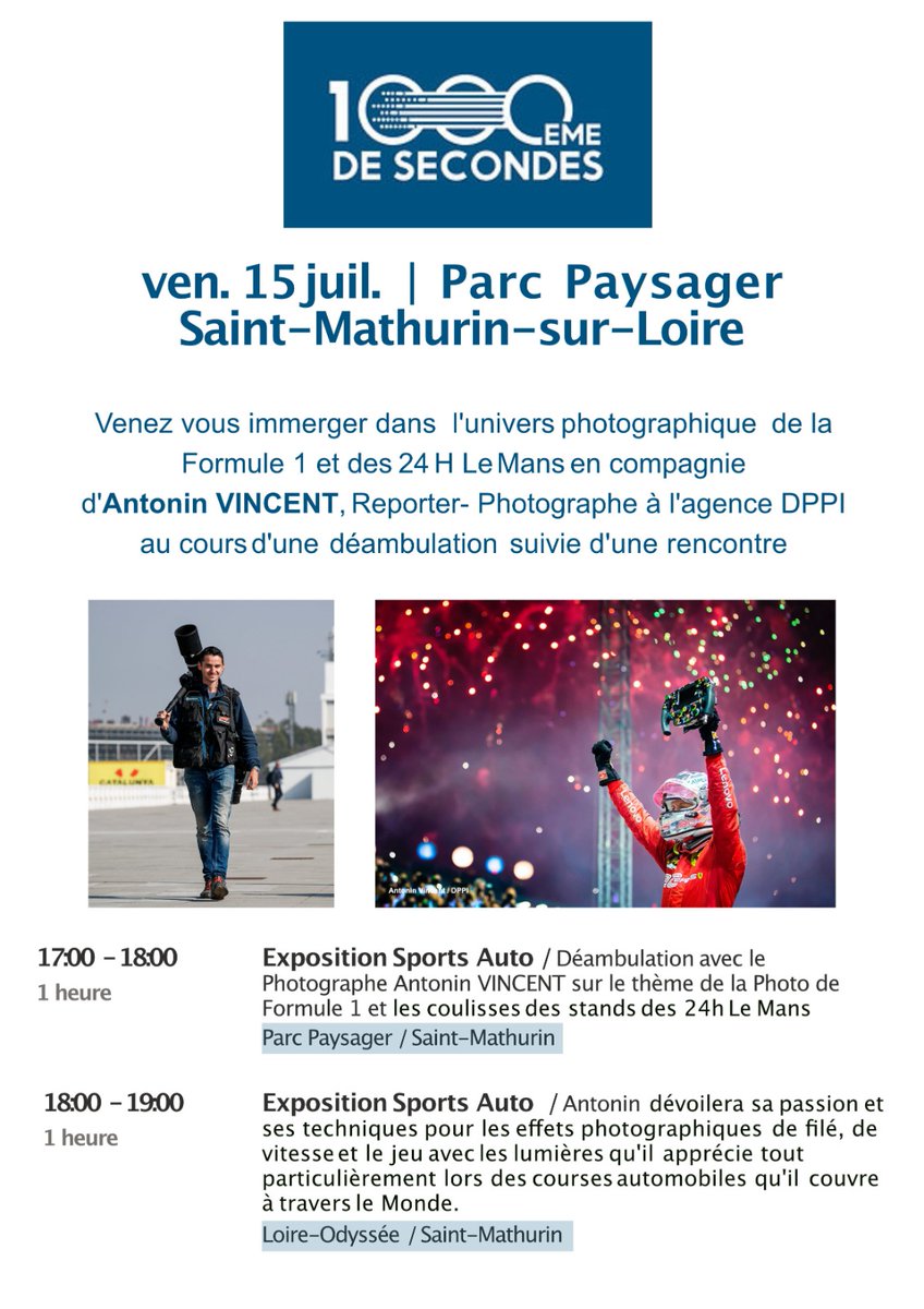 Rencontre avec le reporter-photographe Antonin Vincent de l'agence DPPI. Il vous présentera ses images de Formule 1. Rendez-vous le 15 Juillet. #dppi #FormulaOne #formule1 1000emedesecondes.com/event-details/…