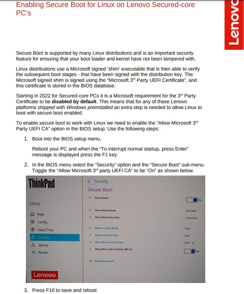 Lenovo laptops with Microsoft Pluton security co-processors (ie, model with Ryzen 6000 chips) have 3rd-party UEFI certificates disabled by default, which means you need to change a Secure Boot setting before you can boot a Linux distro. mjg59.dreamwidth.org/59931.html