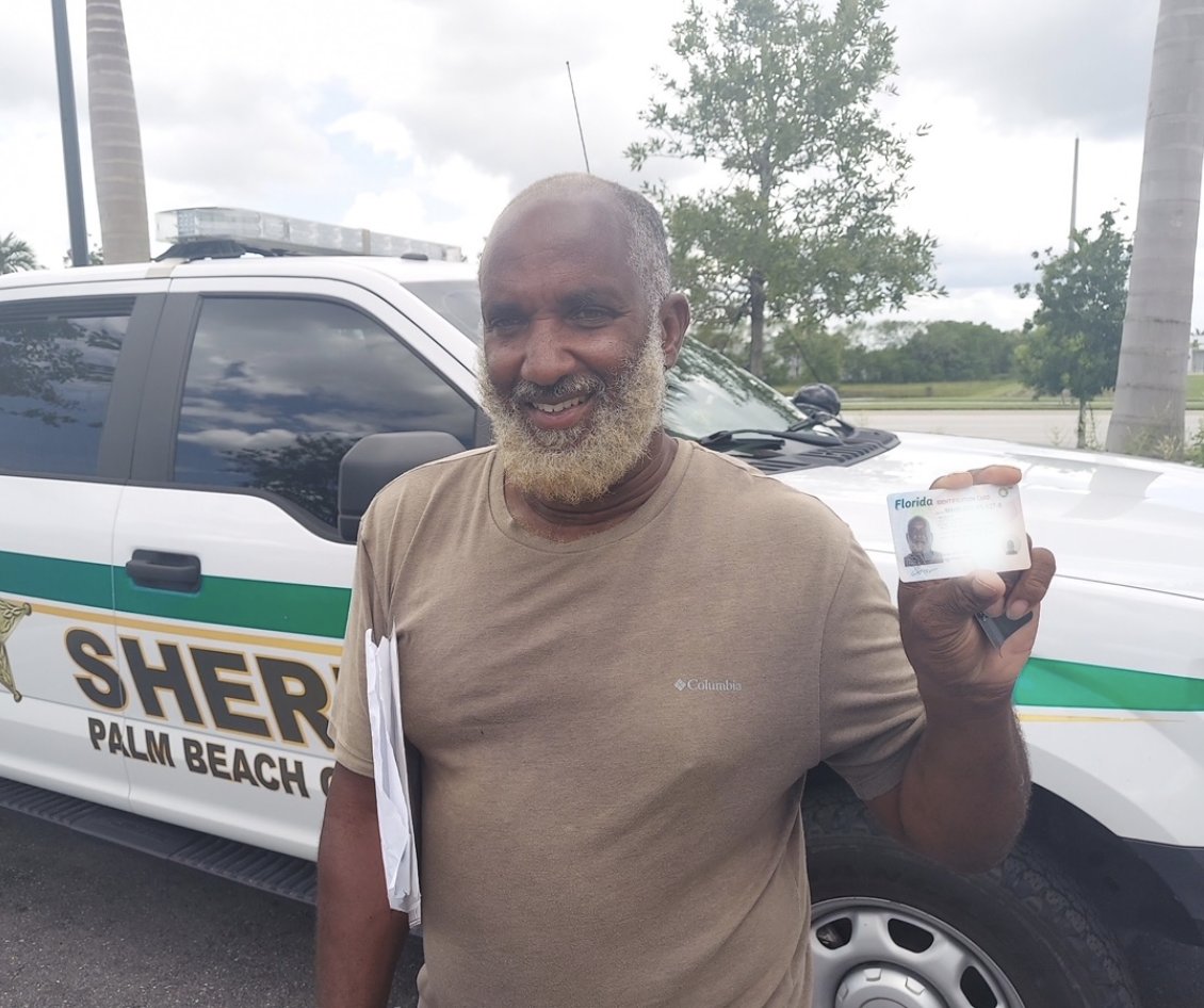 PBCountySheriff's tweet photo. We found Keith this morning sleeping in a park. After listening to his story, we realized all he needed to get back on his feet was an ID card. We gave Keith a ride to the DMV and the picture below says the rest. We also gave Keith a ride to a job interview. Good luck, Keith! https://t.co/PCcOPLCpZ7