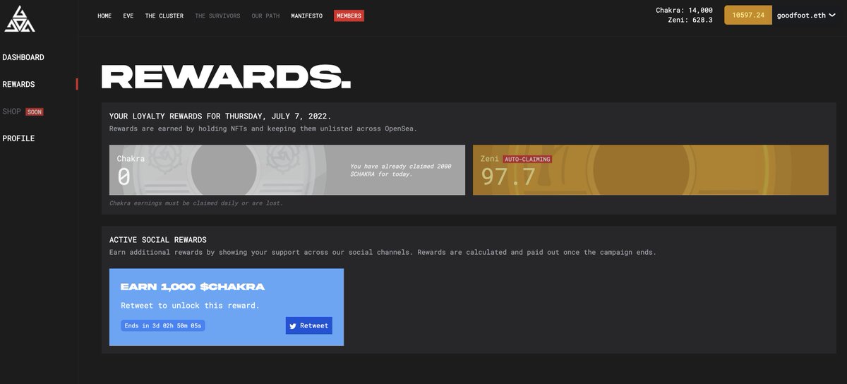$ZENI earned daily for voting power in #DAO, but swappable on <a href="/Uniswap/">Uniswap Labs 🦄</a> for ETH without having to stake, $chakra off-chain loyalty token to buy WL spots, Merch, ??👀?? claimable daily. All from your own dashboard...probably nothing. 89 <a href="/thesevens_7/">The Sevens</a> ? Gotta pump that up...