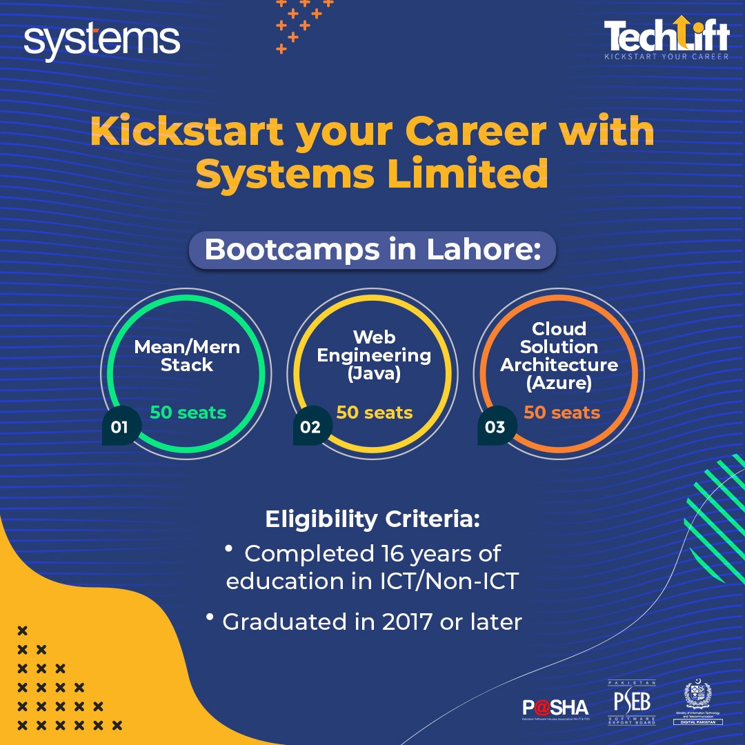 SystemsLtd's tweet image. We are excited to offer 3-months long bootcamps in Mean/Mern Stack, Web Engineering (Java) &amp;amp; Cloud Solution Architecture (Azure) in Lahore. These bootcamps are offered on weekends (Fri – Sun) from 9:00 AM to 5:00 PM. 
Apply now: apply.techlift.pk

#SystemsLimited #Techlift