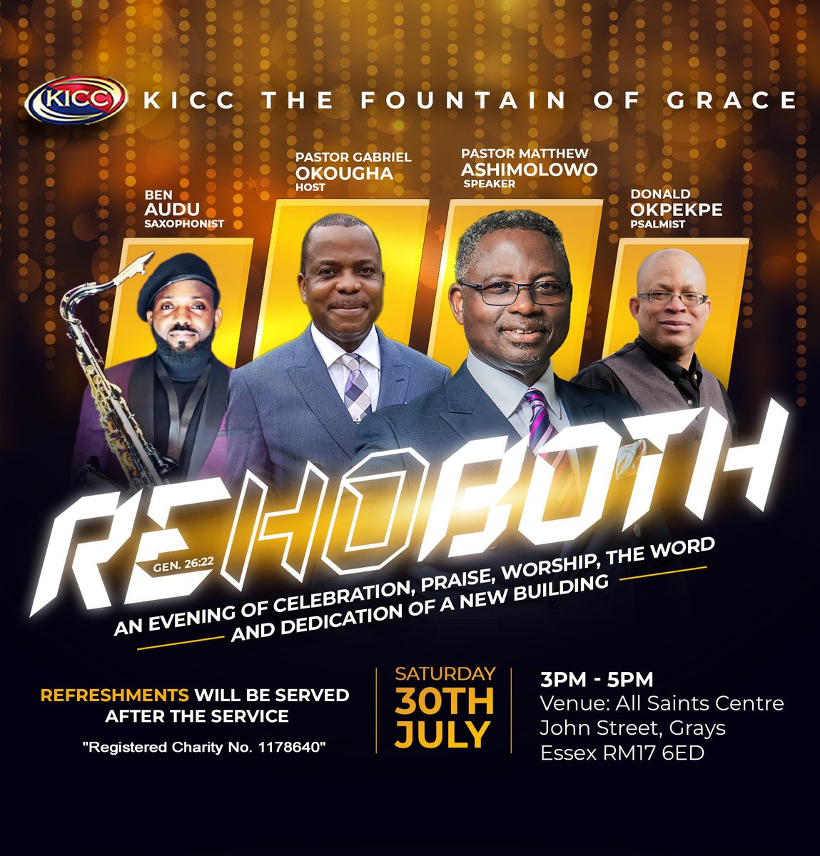 MatAshimolowo's tweet photo. The KICC Foundation of Grace presents REHOBOTH!!

An evening of celebration, praise, worship, the word and dedication of a new building.

Date: Saturday 30th July 2022
Time: 3pm - 5pm
Venue: All saints centre John street, Grays Essex RM17 6ED

#kicc #praise #worship  #rohoboth https://t.co/MLV8fsRFtg