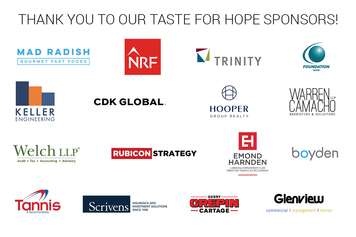 sghottawa's tweet photo. A HUGE thanks to our #TasteForHope sponsors: @eatmadradish @NLawGlobal Trinity Development @FoundationWCPD @Keller_Eng @CDKGlobal Hooper Group Realty Warren Camacho LLP @WelchLLP Rubicon Strategy Inc @EmondHarnden @Boydensearch Tannis @WHScrivens Crepin Cartage @Glenview__Homes https://t.co/fbLo0kPna4