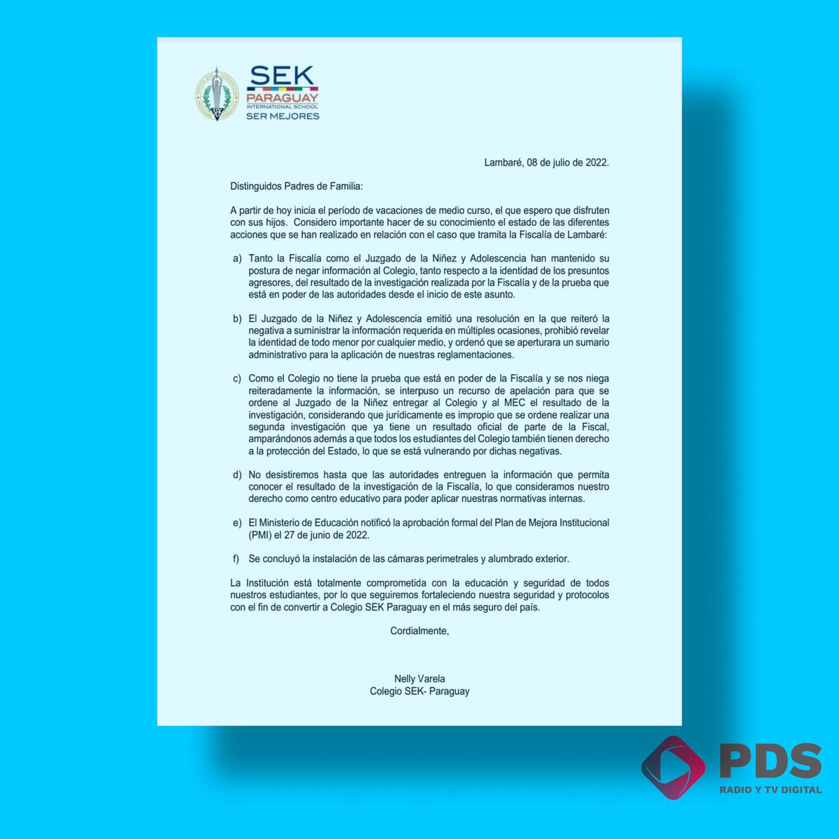pds_radio's tweet photo. #CasoColegoLambaré El colegio SEK Paraguay emitió un comunicado informado que tanto el juzgado de la niñez como la fiscalía se niegan a suministrar informes con relación a la investigación o la identidad de los presuntos agresores, pese a los reiterados pedidos.

Vía @M_Benitez10 https://t.co/hhntNYG4cy