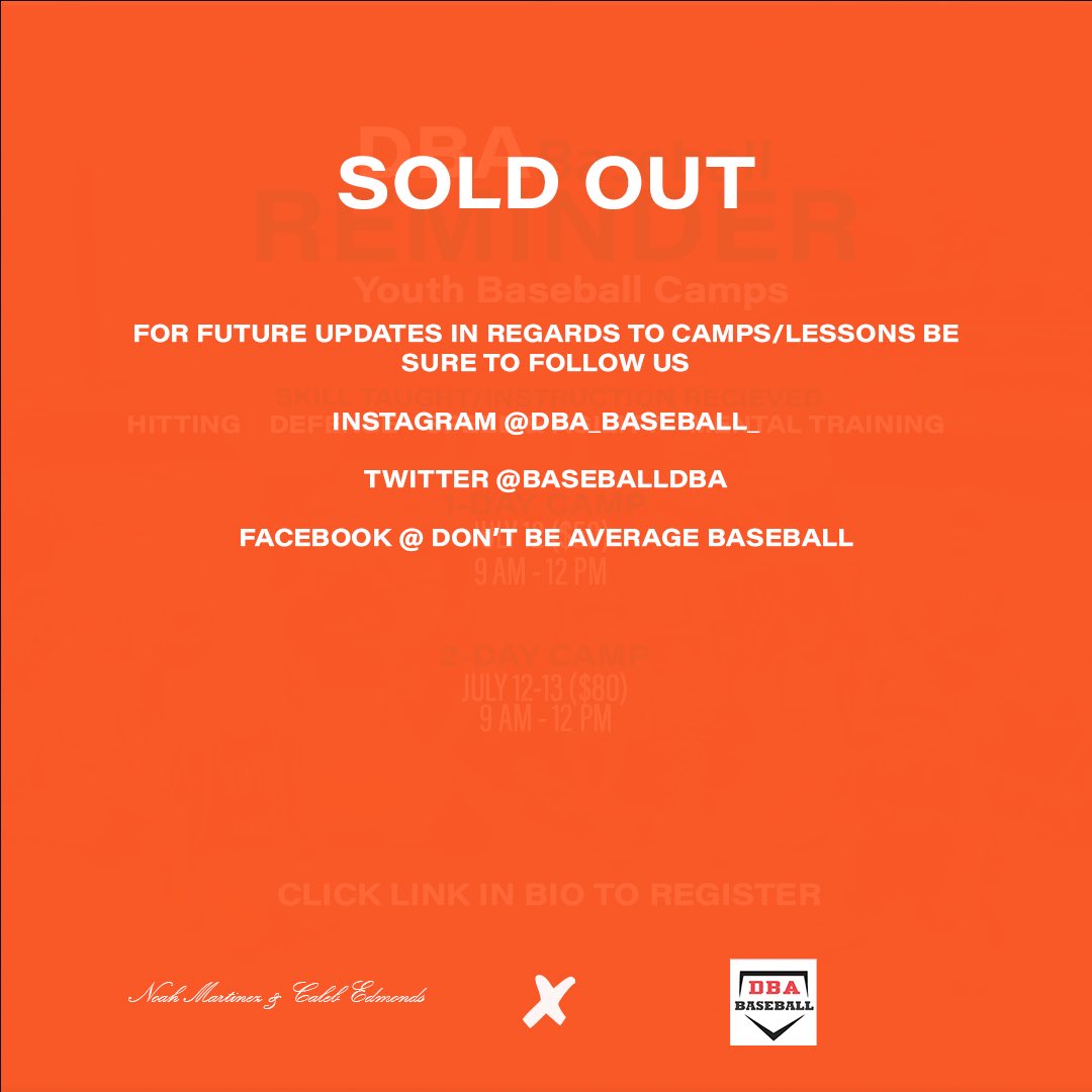 BaseballDba's tweet photo. We look forward to seeing everyone next week ‼️
Didn’t get in this time? Stay tuned for more camp dates next week
#DBAfam https://t.co/06qyNdkhb9