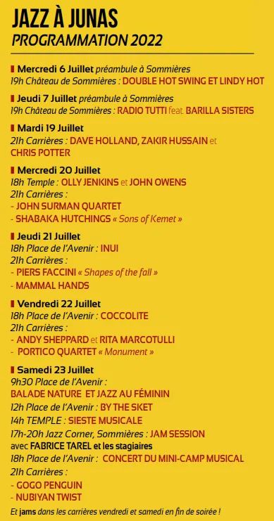 JazzJunas's tweet photo. Festival Jazz à Junas du 19 au 23 juillet !
Toute la programmation en un clin d'oeil 👇
A noter, les concerts au temple et place de l'Avenir sont gratuits !
🎟 Billetterie : https://t.co/48mUgm9Fzl
Merci'
@RimaAbdulMalak @CaroleDelga @Occitanie @Gard https://t.co/S1SUsY4MCm