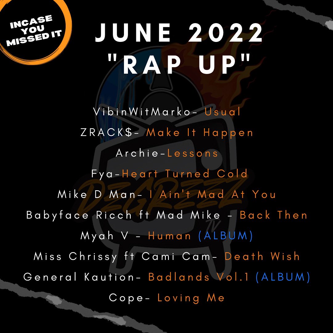 DeGreezTV's tweet photo. We have a lot more hits out last month! 

Our June 2022 “Rap Up” is here! 

Go check out these local artist music #justincaseyoumissedit 

Did we forget anyone? @ them 

Keep sending over your music for us to promote this month ! #bermuda #bermudamusicians #rapup #degreeztv https://t.co/3uLAVYrxm7