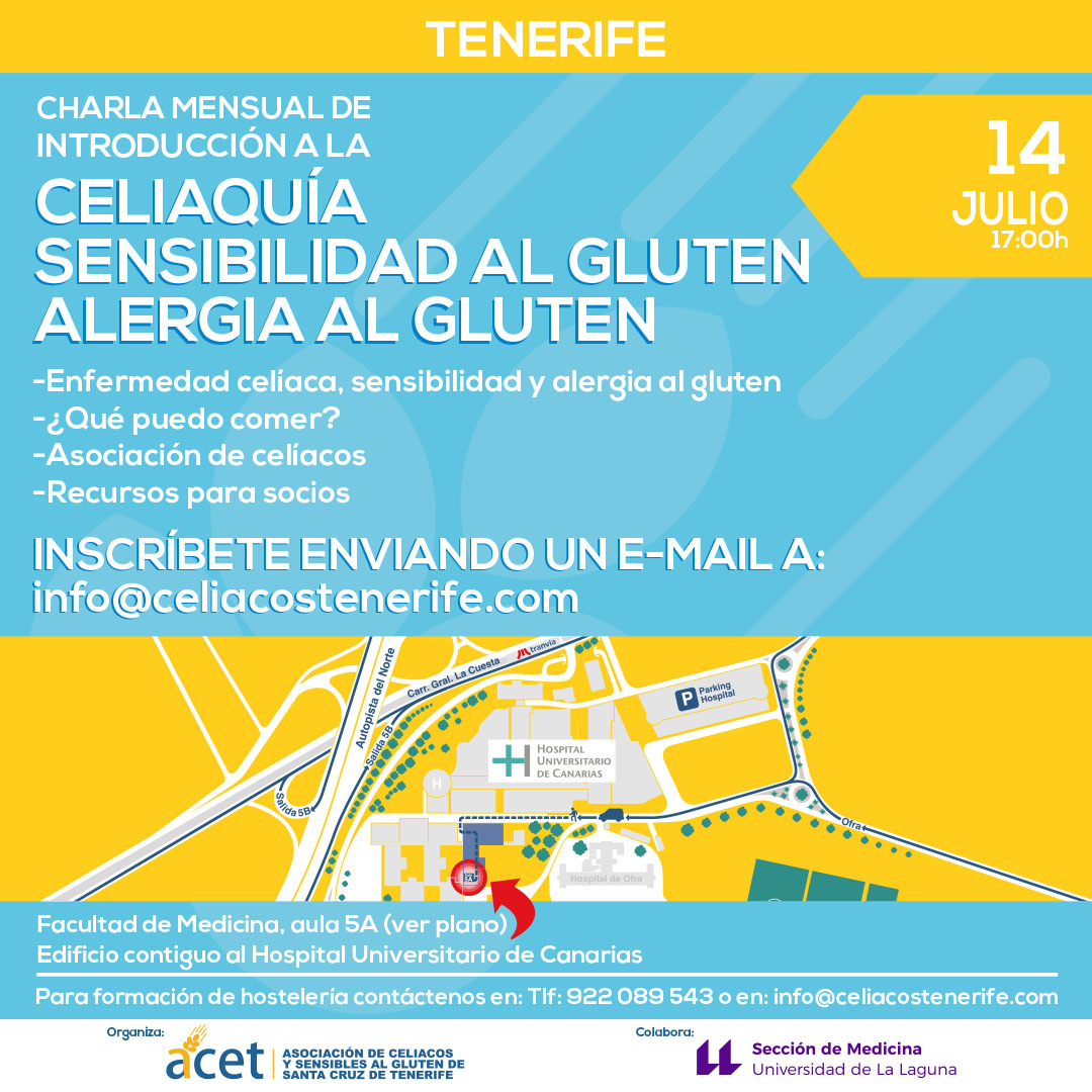 CHARLA GRATUITA DE INTRODUCCIÓN A LA CELIAQUIA Y DIETA SIN GLUTEN
Jueves 14/07 a las 17h
Facultad de Medicina de la Universidad de La Laguna. Aula 5A
Inscríbete enviando email a info@celiacotenerife.com
O rellena nuestro formulario: celiacostenerife.com/charlas-celiaq…
Plazas limitadas