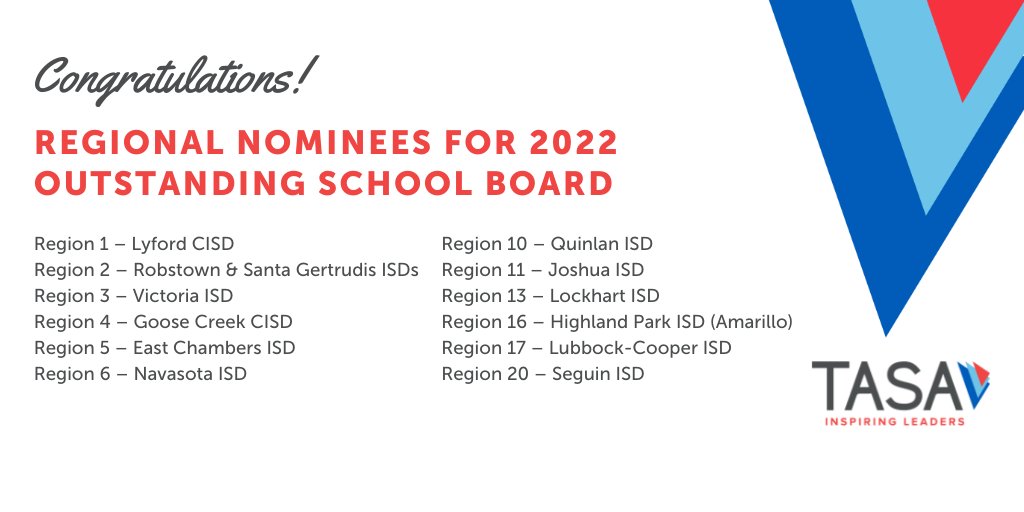 tasanet's tweet photo. Congrats to the 13 #txed school boards nominated by their regions for the '22 TASA School Board Awards! 5 finalists will be announced in early Aug; Outstanding School Board named 9/24 at #txEDCON22, the #tasatasb convention in San Antonio https://t.co/giUNEdvvCw #InspiringLeaders https://t.co/8RqhqT8DBd