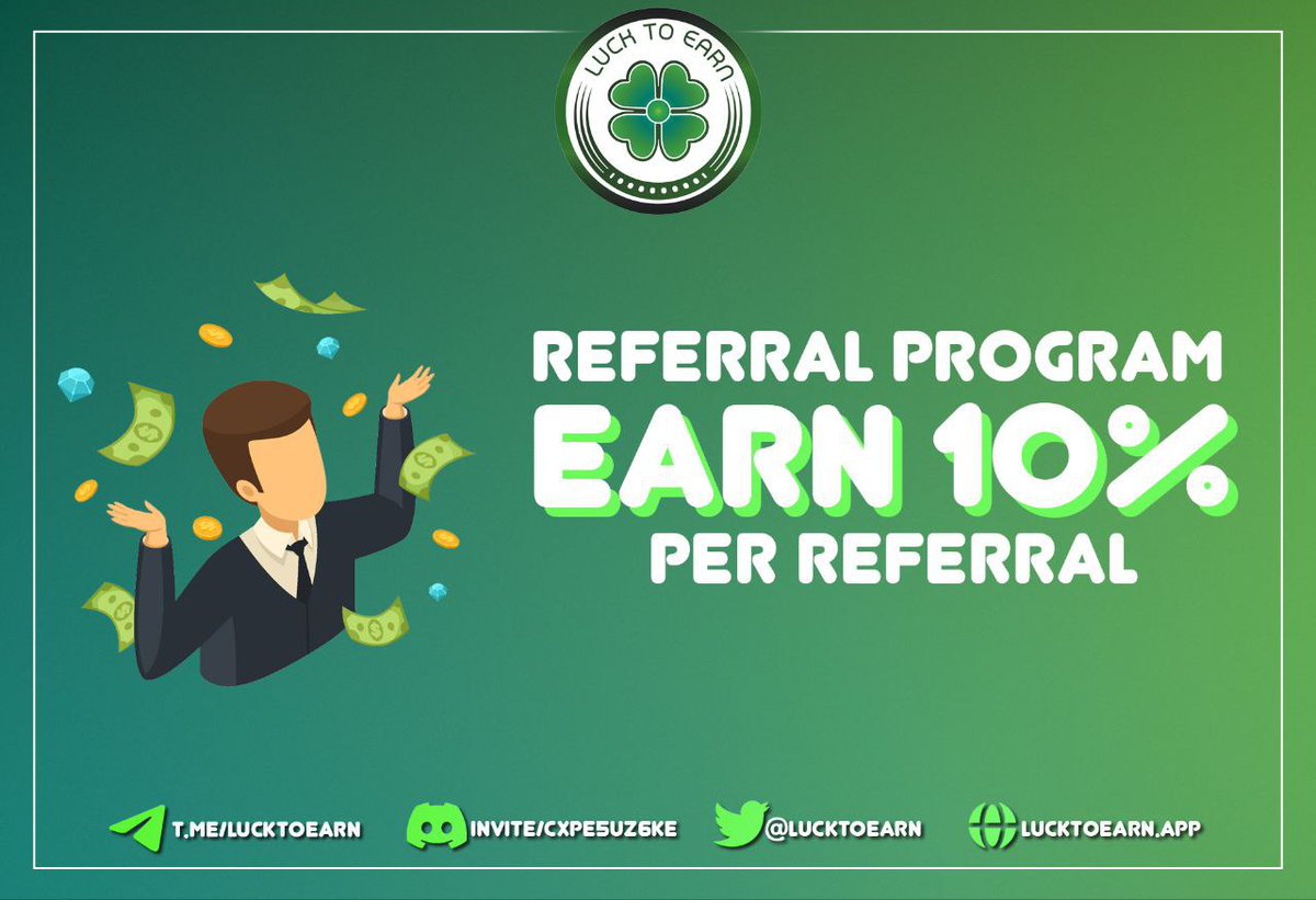 🎟️ Luck to Earn proposes a global #lottery with participants using #Blockchain Protocols operation on the #Binance Smart #Chain

🤯Join our #referral program to earn Luck token for every person you refer

👉Join our TG Group NOW: 
t.me/lucktoearn