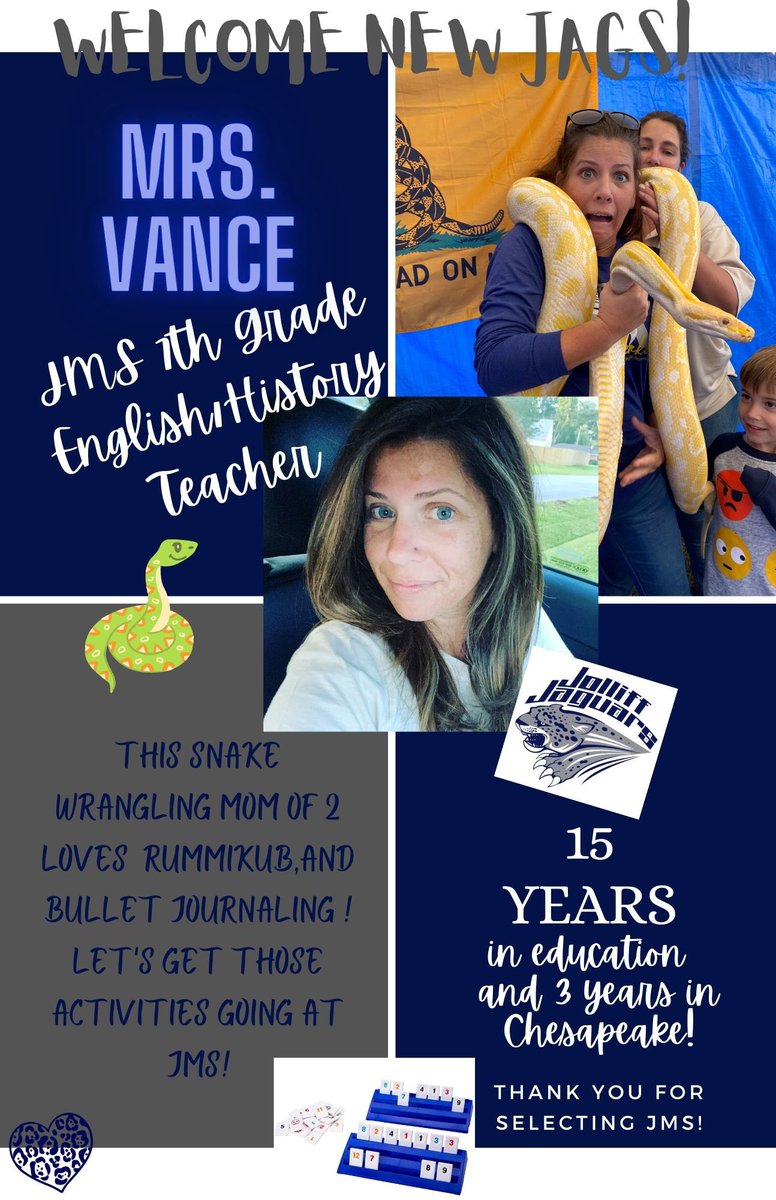 JolliffMiddle's tweet photo. Welcome Mrs. Vance to the JAM! This @LibertyU grad joins forces w/Ms. Atkinson to make a dynamic duo as the Puma team! We look forward to integrating her hobbies at JMS! #welcometotheJAM #lastyr🐣 #thisyr🐍? #shesarunner #findheronthe🏖 #engageCPS https://t.co/FbOvQSvMXr