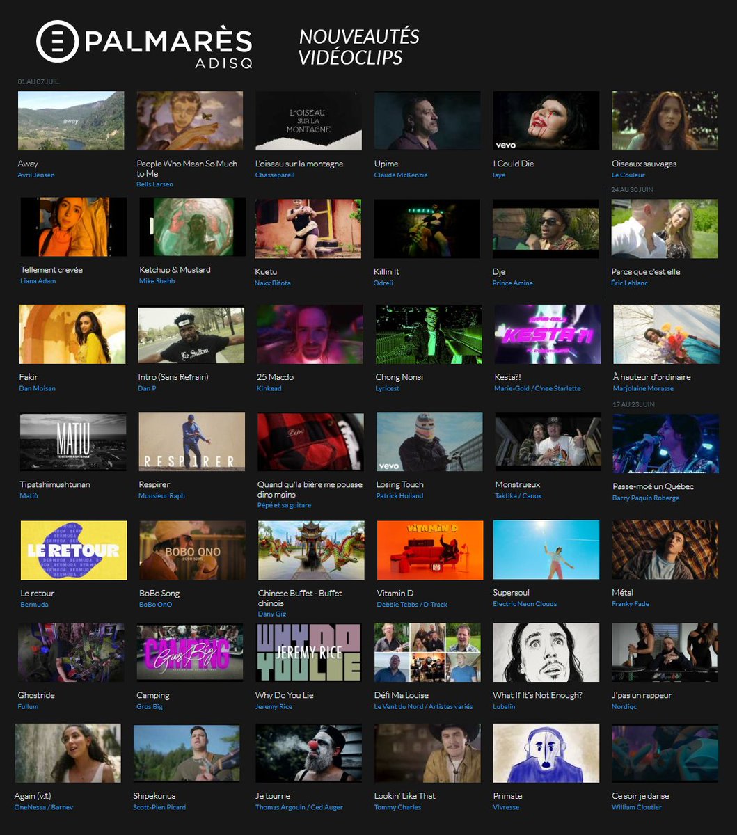 Nouveautés vidéos sur #PalmarèsADISQ ➡️ palmaresadisq.ca/fr/

Découvrez les nouveaux clips de <a href="/le_couleur/">Le Couleur</a>, <a href="/itsOdreii/">Odreii</a>, <a href="/marie_goldgold/">Marie-Gold</a>, Matiu, <a href="/DebbieTebbs/">Debbie Tebbs</a> / @DTracklevrai, <a href="/frankyfaded/">FRANÇOIS FONDU ✨</a>, <a href="/leventdunord/">Le Vent du Nord</a>, <a href="/OneNessa_/">Onenessa</a> / Barnev, et plus encore ! ✨🎥
