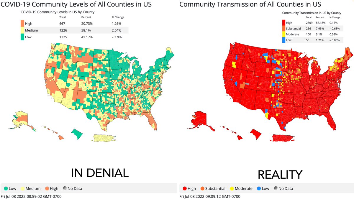 This is our @CDCgov X No warning on BA.5 X Still says 2 vaccine doses ='fully vaccinated' X Says 5 days is all that's needed for isolation when 5 days is the median length of infectiousness X 1 in 4 age 50+ w/ 2nd booster (<-survival benefit) X Transmission is the accurate map👇