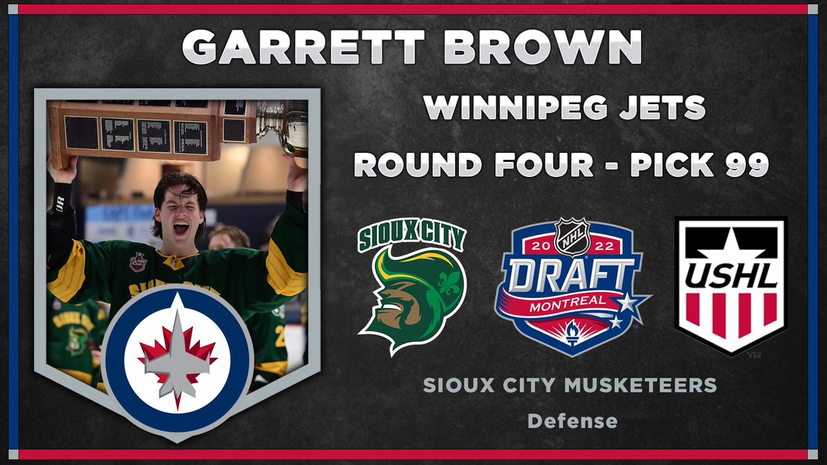 USHL's tweet photo. Garrett Brown 
Round 4 
Pick 99 
@NHLJets 
@Musketeerhockey 
#WhosNext https://t.co/JlHZzR1OdF
