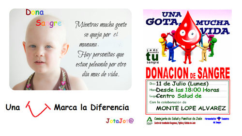 🔴🔴| El próximo lunes, 11 de julio, desde las 18:00 h., se se va a llevar a cabo una Donación de Sangre en Centro Salud de Monte Lope Álvarez. 
Si quieres ir a donar, es aconsejable pedir cita en el 953 794 392.