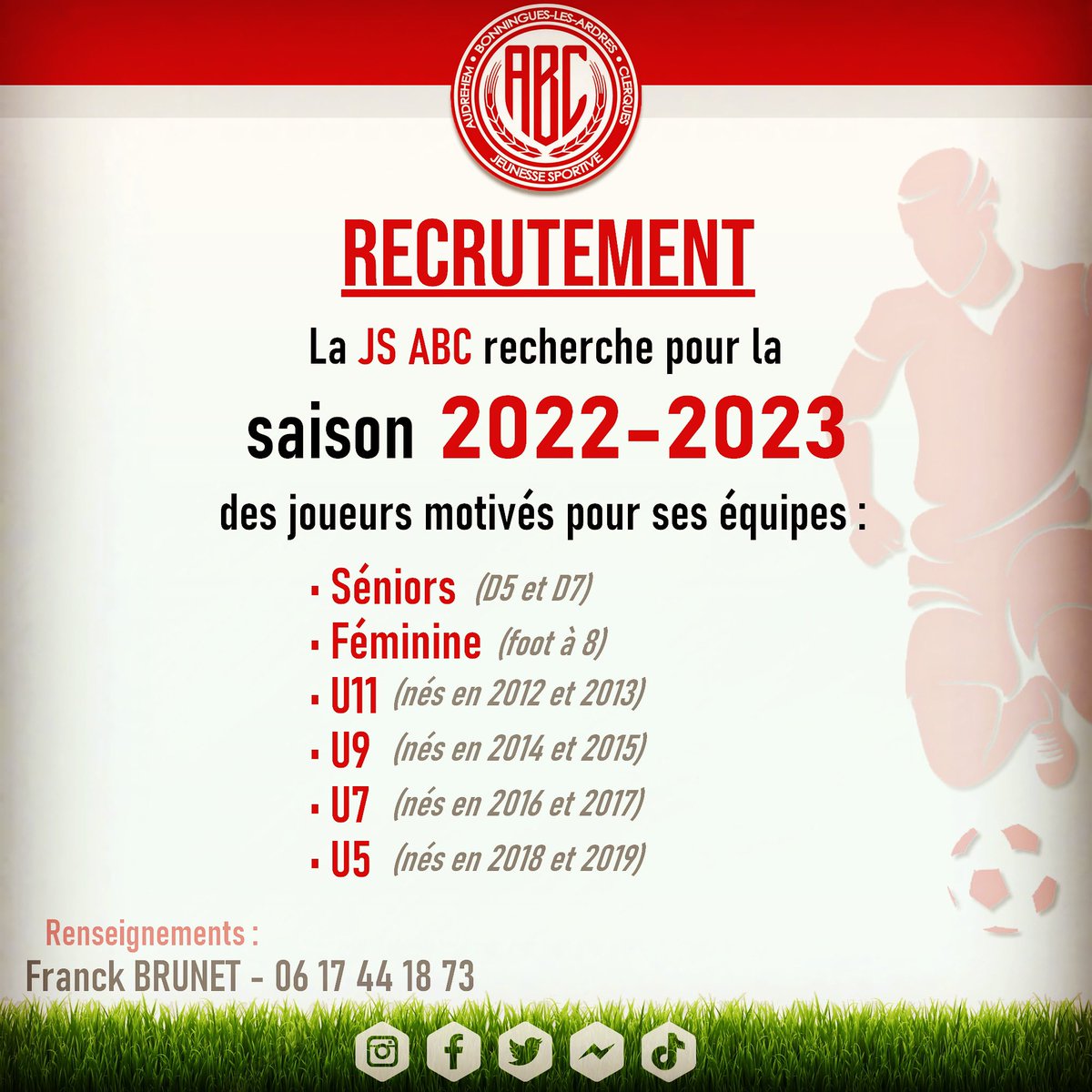JS_ABC_1981's tweet photo. 🔴⚽️⚪️ La #JSABC, club de football situé entre Calais et Saint-Omer, recherche pour la saison 2022-2023 des joueurs motivés pour ses équipes Séniors, Féminine, U11, U9, U7 et U5 (« Baby-football »).

Pour plus de renseignements, contactez :
📞 Franck Brunet au 06 17 44 18 73 https://t.co/iFmzcwOMhm