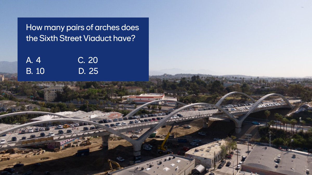 SkanskaUSA's tweet photo. Happy Grand Opening to the @LACity’s Sixth Street Viaduct! Test your knowledge of the iconic LA landmark. #LosAngeles @6thStViaduct @StacyWitbeck 

(Answers below!) https://t.co/pxN9egFefr