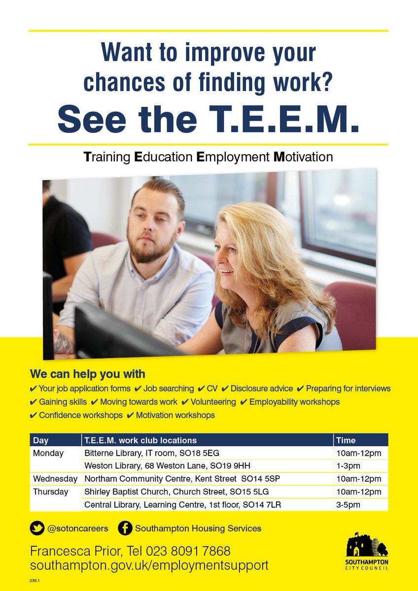 sotoncareers's tweet photo. T.E.E.M Work Club today at Bitterne Library, 10am-12pm! 

Drop in and see us for support and advice with CVs, interviews and job searching.

Find out more: https://t.co/SgKdo5uf24

@SotonLibraries @sotonhousing @JCPinHants_IOW @SouthamptonCC @bitternepark @SO18BigLocal https://t.co/IGB3jv4NLA